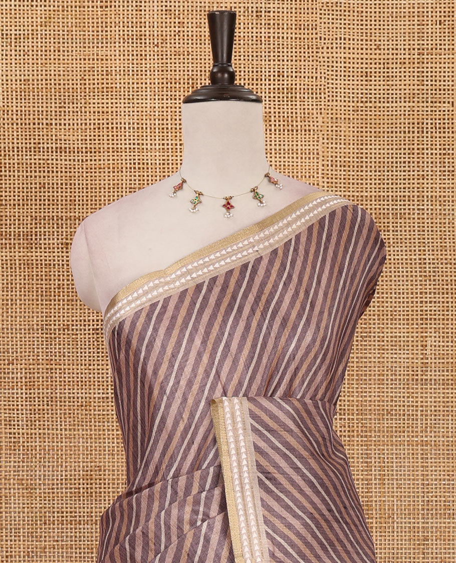Grey lehariya-style striped semi-tussar saree, contrast resham thread triangle motifs border, diamond printed pallu & contrast printed blouse