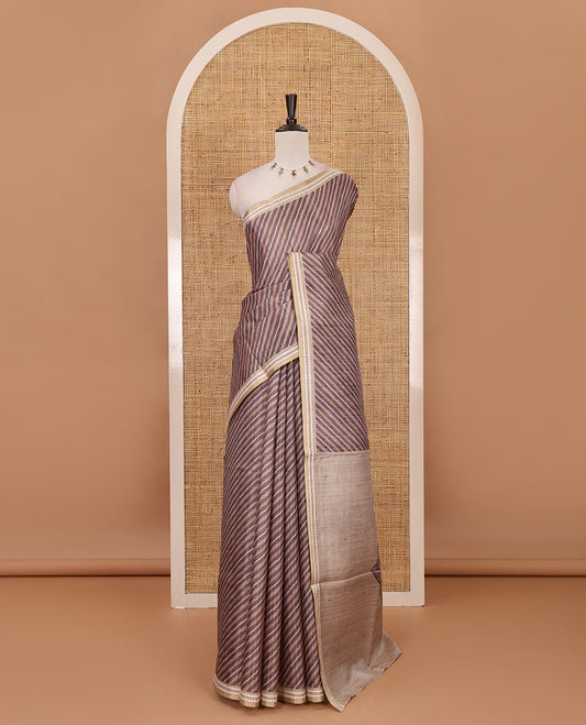 Grey lehariya-style striped semi-tussar saree, contrast resham thread triangle motifs border, diamond printed pallu & contrast printed blouse