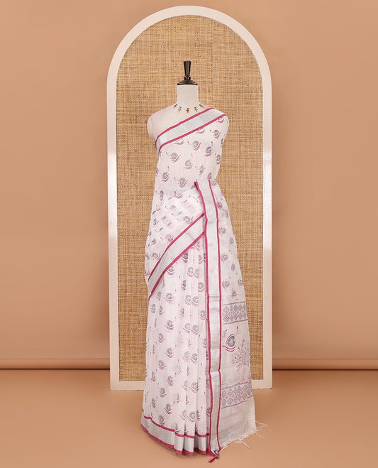 White-purple flying bird motifs printed linen saree, silver bavanji border, printed pallu & plain blouse