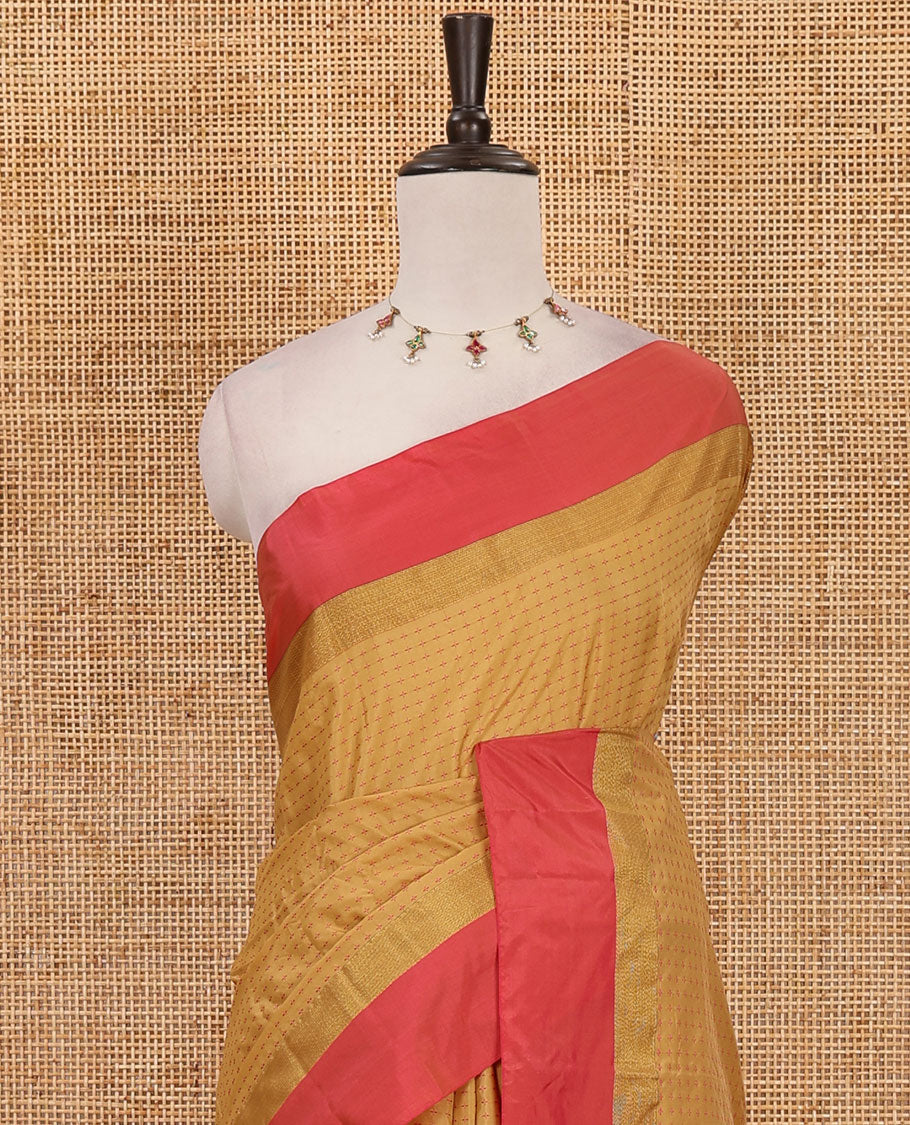 Chikku plus thread buttas semi-soft saree, contrast zari satin border, striped pallu & contrast plain blouse