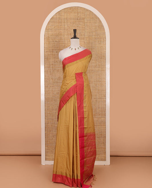 Chikku plus thread buttas semi-soft saree, contrast zari satin border, striped pallu & contrast plain blouse