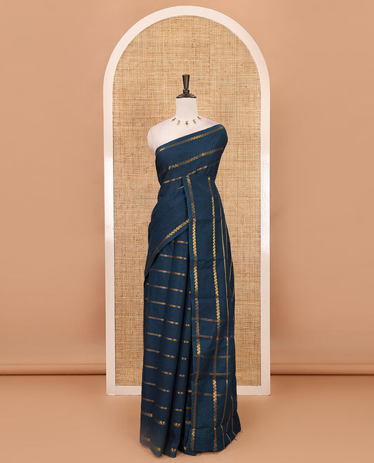Borderless navy blue veldhari zari striped Sungudi cotton saree, self-pallu of veldhari stripes & running blouse