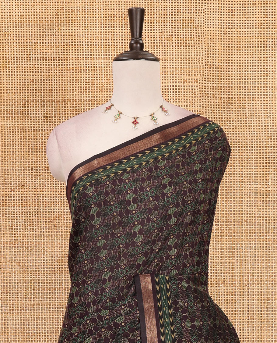 Wine geometric printed Muslin cotton saree, zari border, geometric printed pallu & printed blouse