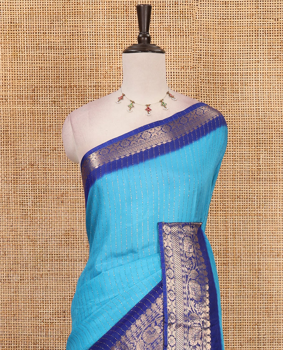 Blue gold zari vertical striped dola silk saree, contrast traditional zari border of manga design, striped pallu & contrast diamond design blouse