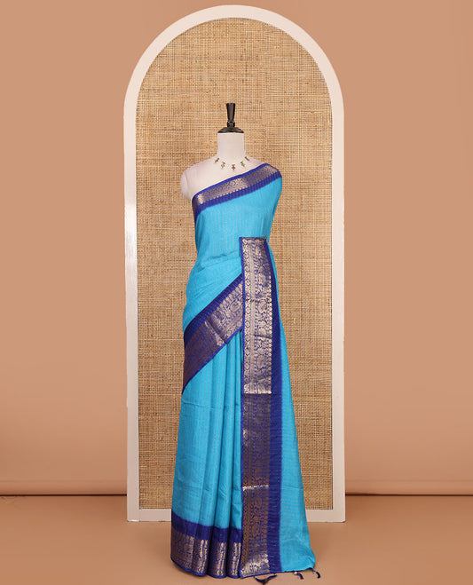 Blue gold zari vertical striped dola silk saree, contrast traditional zari border of manga design, striped pallu & contrast diamond design blouse