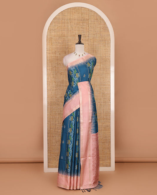 Blue Jamdani-style floral printed katan silk saree, contrast bentex border, geometric printed pallu, and contact printed blouse