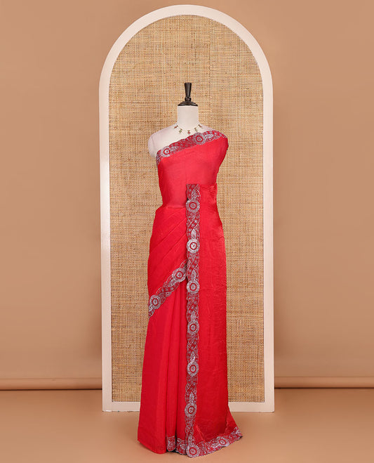 Rani pink full-plain fendy chiffon saree, scallop swarovski stone work geometric border and contrast plain blouse