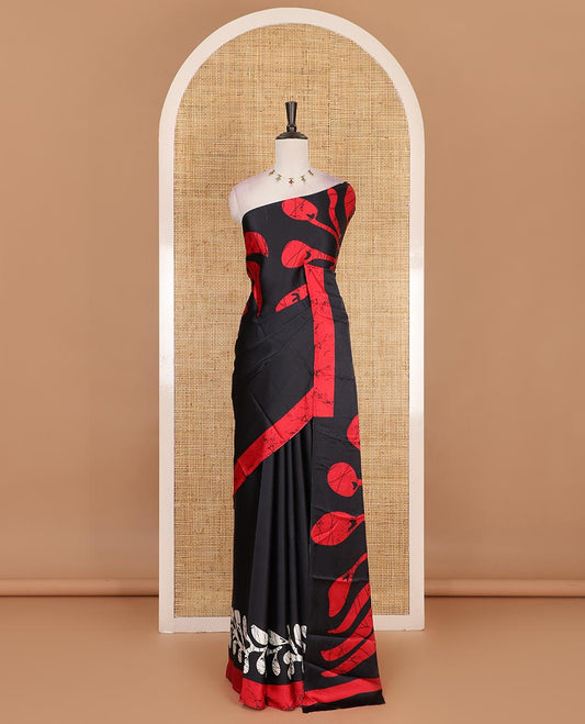 Borderless black leaf vine batik printed Gajji silk saree, batik printed pallu, and plain blouse