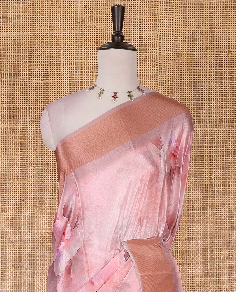 Pink floral digitally printed Turkey crepe saree, striped border, floral printed pallu, and matching floral printed blouse