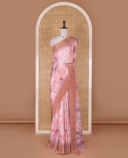 Pink floral digitally printed Turkey crepe saree, striped border, floral printed pallu, and matching floral printed blouse