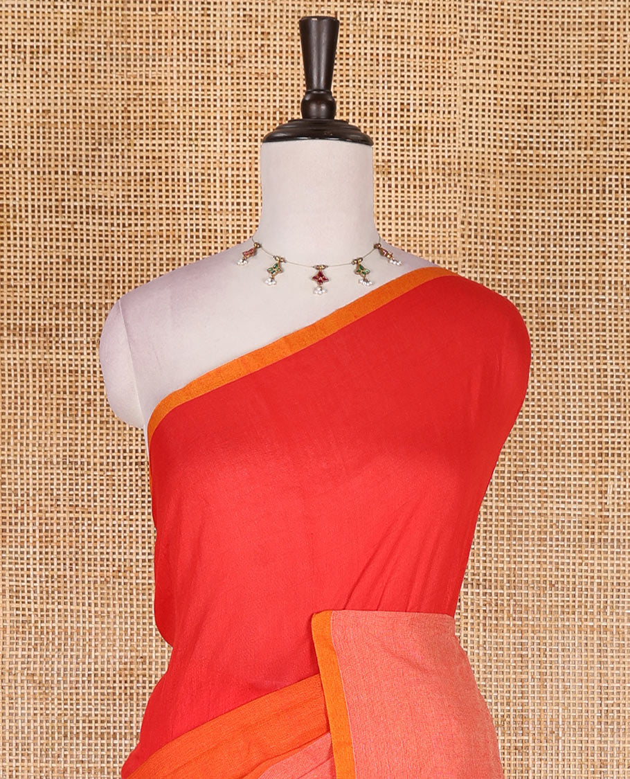 Borderless orange ombre style tri-colored plain Khadi mul cotton saree with full plain blouse