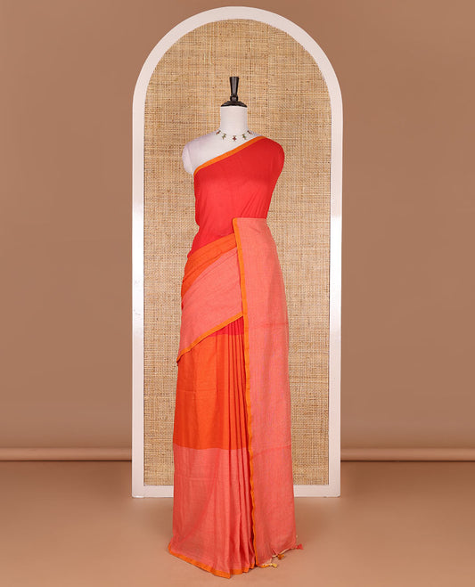 Borderless orange ombre style tri-colored plain Khadi mul cotton saree with full plain blouse