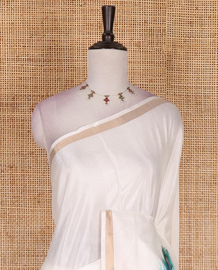 Half-white real-like peacock feathers digitally printed Kerala cotton saree, zari border, striped pallu, and matching blouse