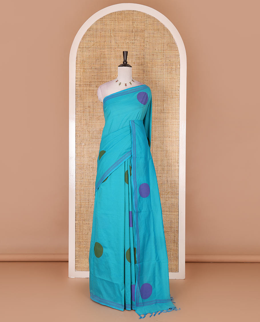 Blue big polka dots printed poly cotton saree, horizontal stripes printed border, polka dots printed pallu, and contrast handblock printed blouse