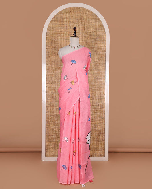 Borderless pink umbrella motifs printed linen cotton saree, self-pallu of big umbrella motifs and contrast blouse