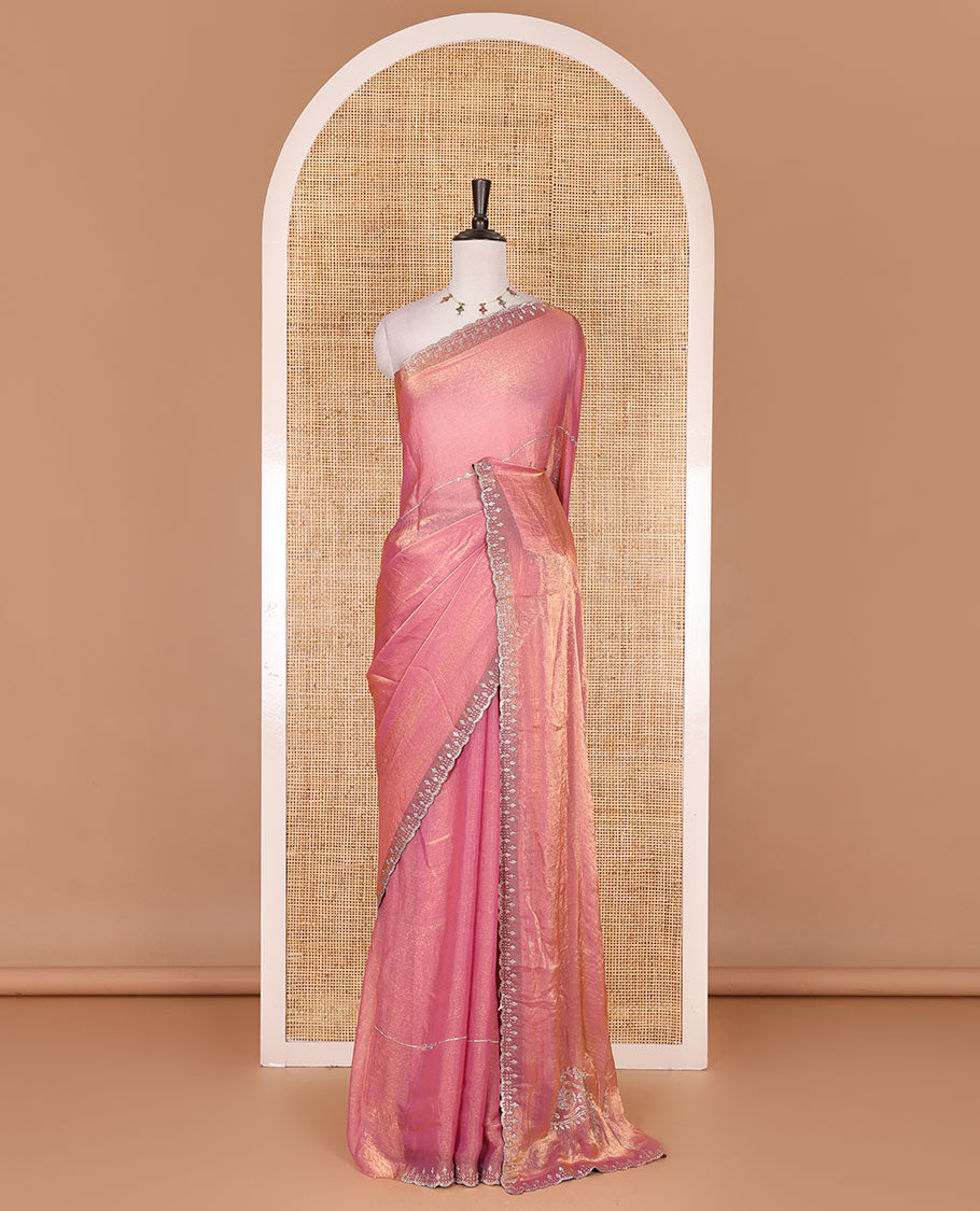 Pink micro stonework Fendi chiffon saree, scallop micro stonework border, stonework paisley pallu, and matching micro stone work blouse