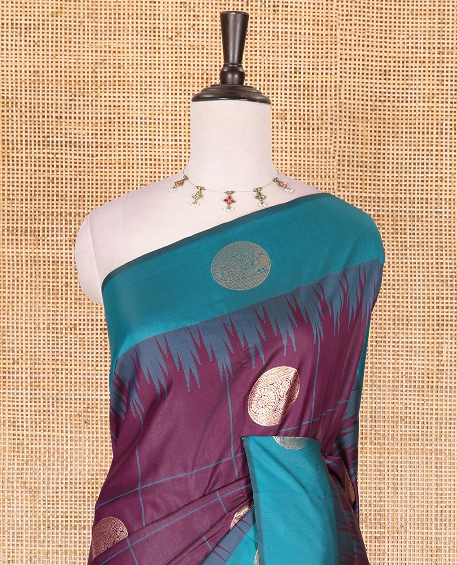 Wine round peacock chakram buttas enclosed checked Mulberry silk saree, contrast round peacock chakra border, zari worven pallu, and contrast zari blouse