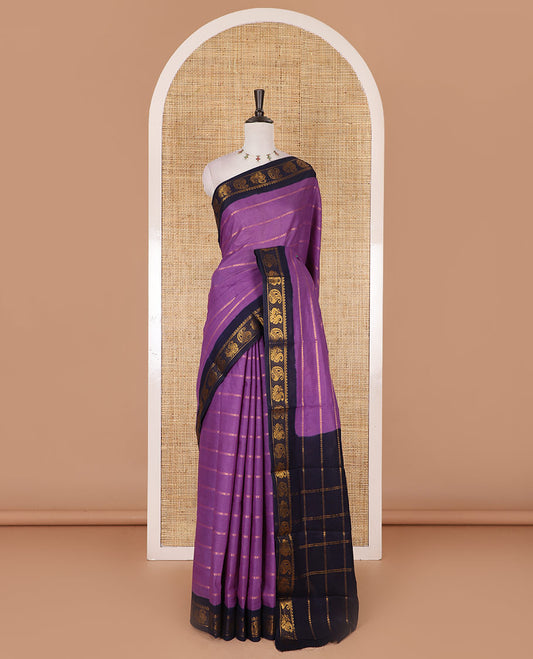 Purple veldhari zari striped Sungudi cotton saree, contrast peacock, and paisley zari motif border, zari striped pallu, and contrast zari design blouse