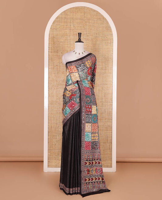 Black kaleidoscopic-colored floral, paisleys, and geometric printed with mirror work masakali saree, printed border, print and mirror work pallu, and matching blouse