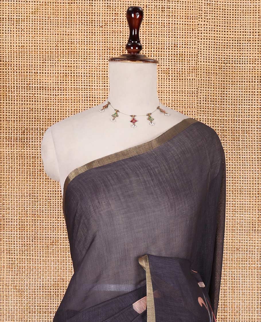 Black kalamkari floral vine, horse, and deer motifs printed linen cotton saree, piping border, printed pallu, and a contrast printed blouse