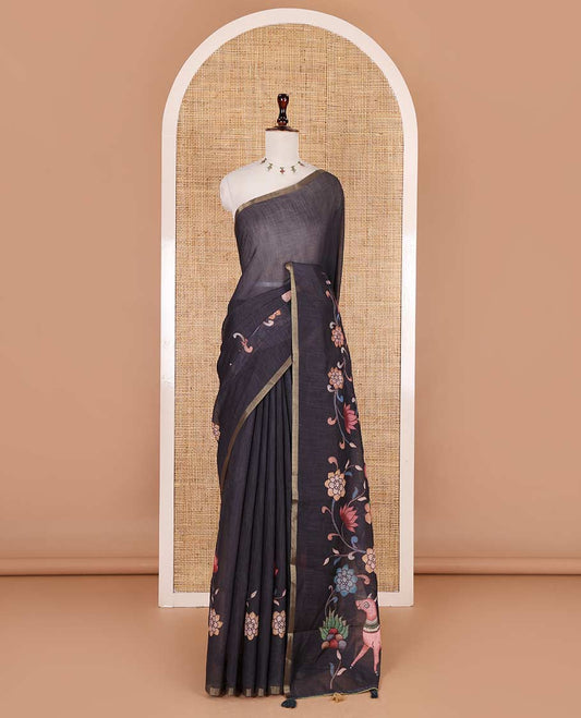 Black kalamkari floral vine, horse, and deer motifs printed linen cotton saree, piping border, printed pallu, and a contrast printed blouse