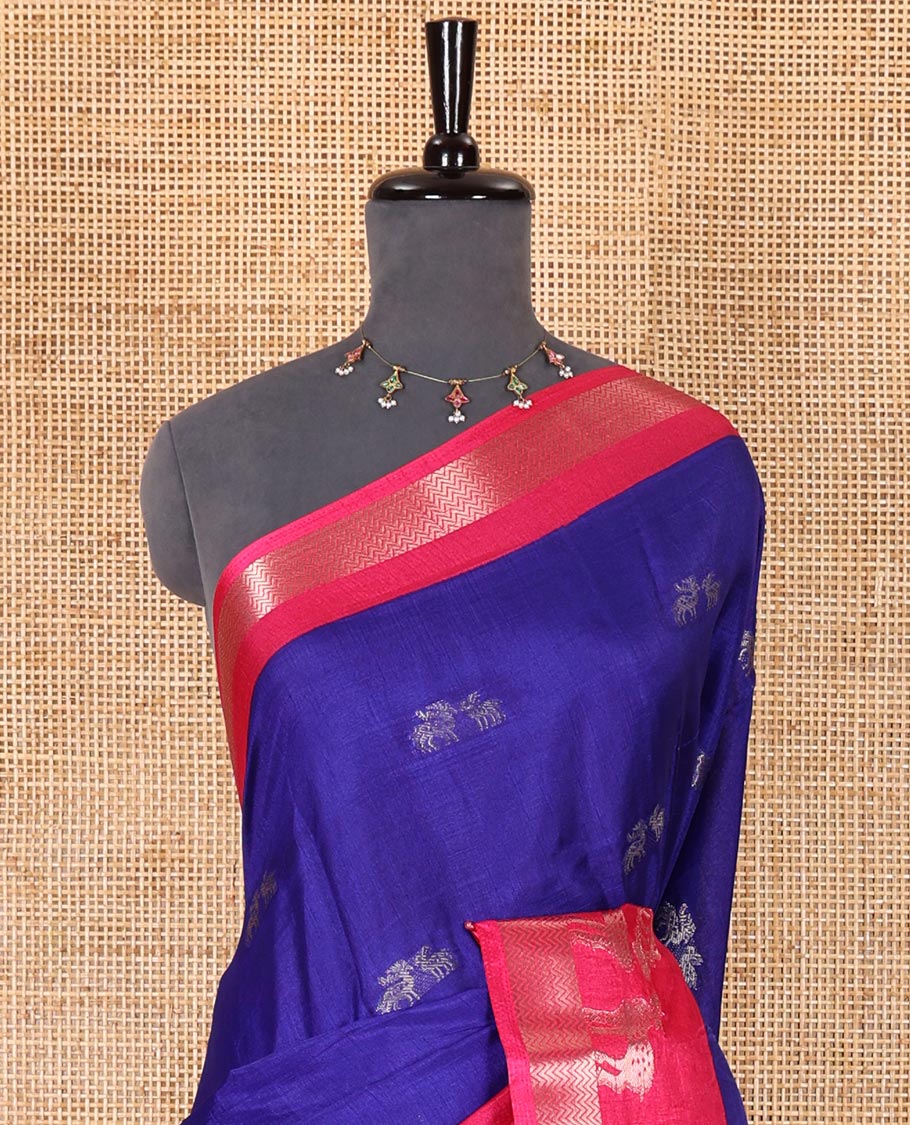 Blue deer copper zari buttas dola silk saree, contrast chevron and deer motifs zari border, deer motifs pallu, and contrast deer motifs blouse