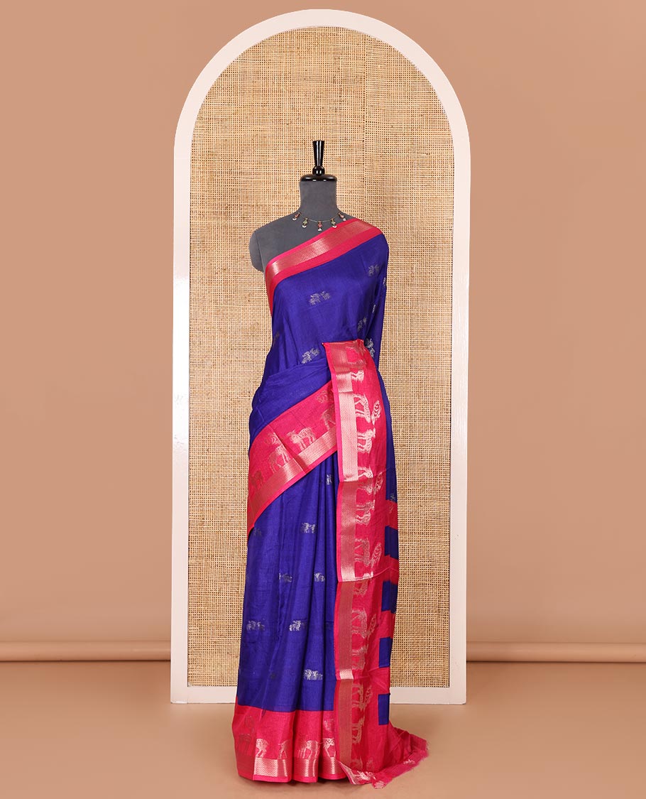 Blue deer copper zari buttas dola silk saree, contrast chevron and deer motifs zari border, deer motifs pallu, and contrast deer motifs blouse