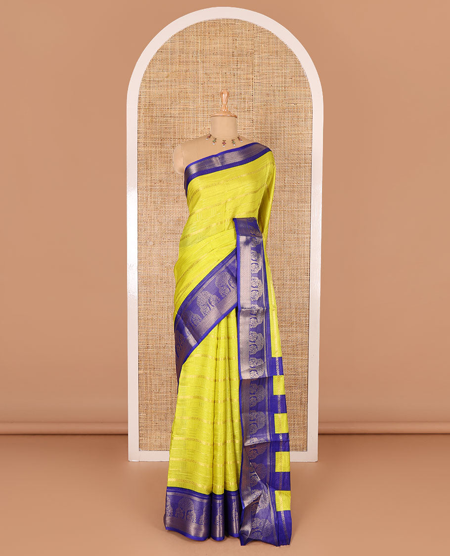 Yellow traditional zari design dola silk saree, contrast tree of life and peacock design border, zari design pallu, and contrast zari woven blouse