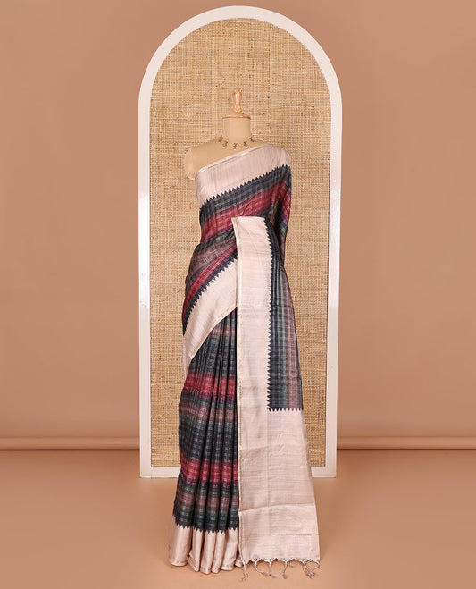 Purple multi-color dyed with zari checked semi-tussar saree, contrast temple border of zari stripes, plain pallu, and contrast plain blouse