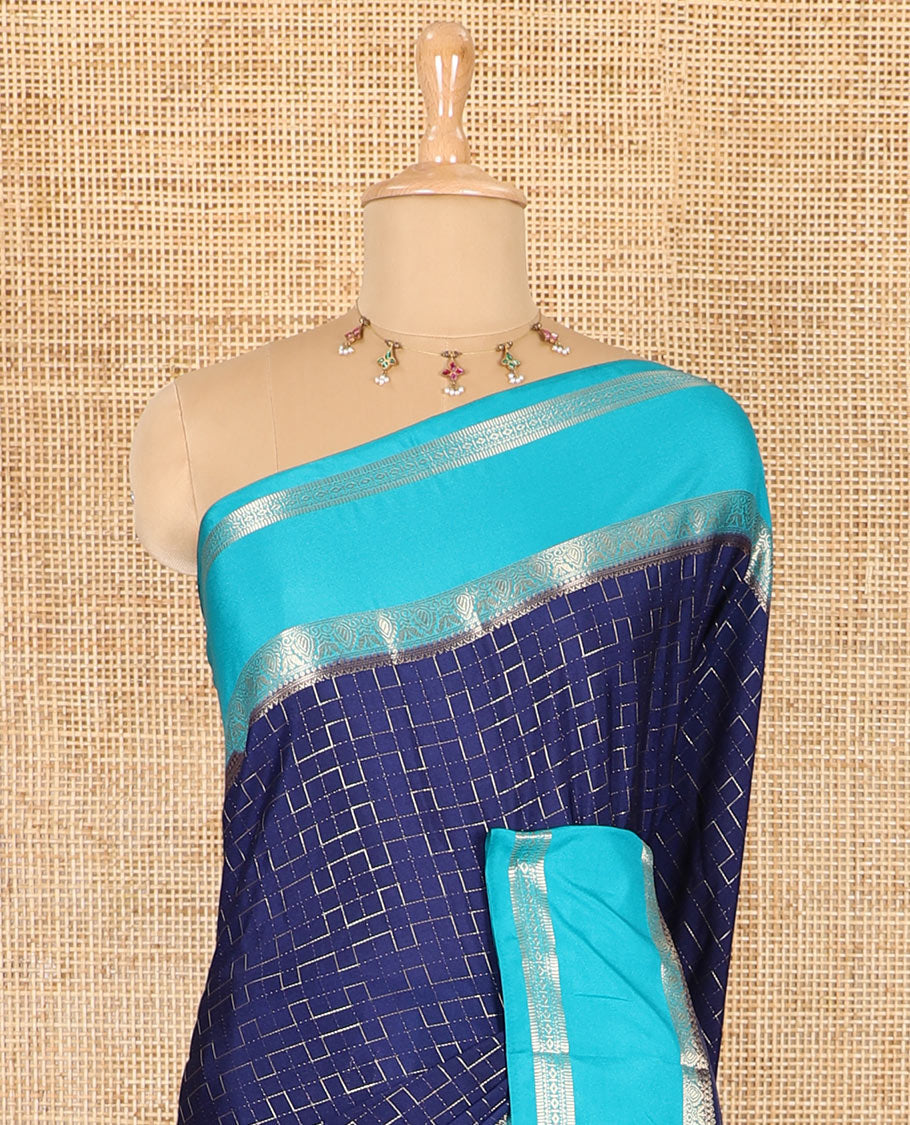 Blue maze geometric-patterned semi-mysore silk saree, contrast rettai pettu traditional zari border, intricate pallu, and a contrast geometric-patterned zari-bordered blouse