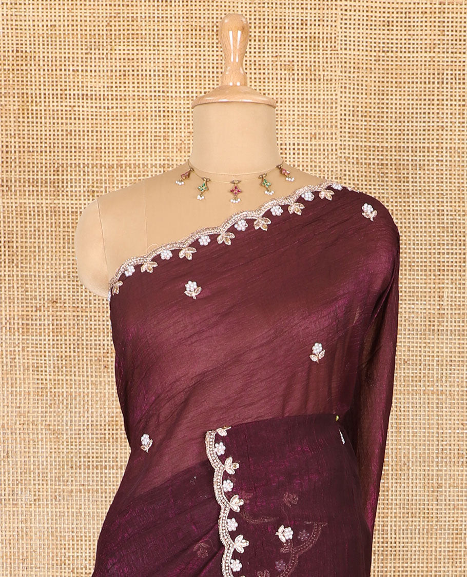 Purple color, floral embroidered motifs crunchy crush saree, scallop pearl embroidered border,  embroidered pallu, and a contrast embroidered blouse