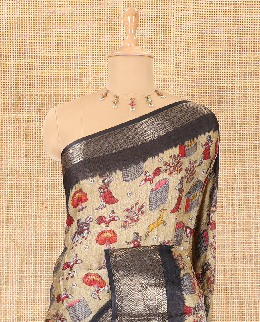 Chikku-black color animal and village theme printed khadi jute saree, contrast jaal patterns zari woven border, printed pallu, and a contrast blouse