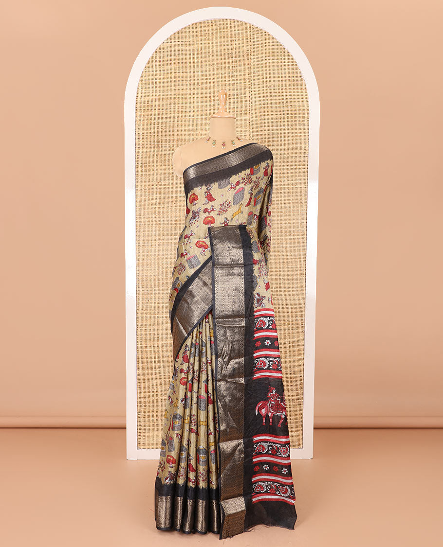 Chikku-black color animal and village theme printed khadi jute saree, contrast jaal patterns zari woven border, printed pallu, and a contrast blouse
