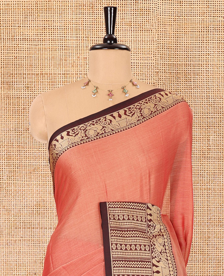 Pink plain mercerised cotton saree, contrast traditional motifs thread woven border, striped pallu, and a matching blouse