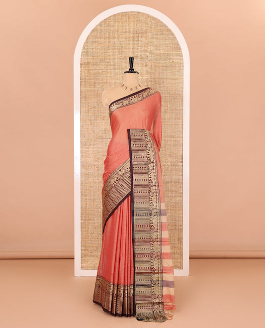 Pink plain mercerised cotton saree, contrast traditional motifs thread woven border, striped pallu, and a matching blouse