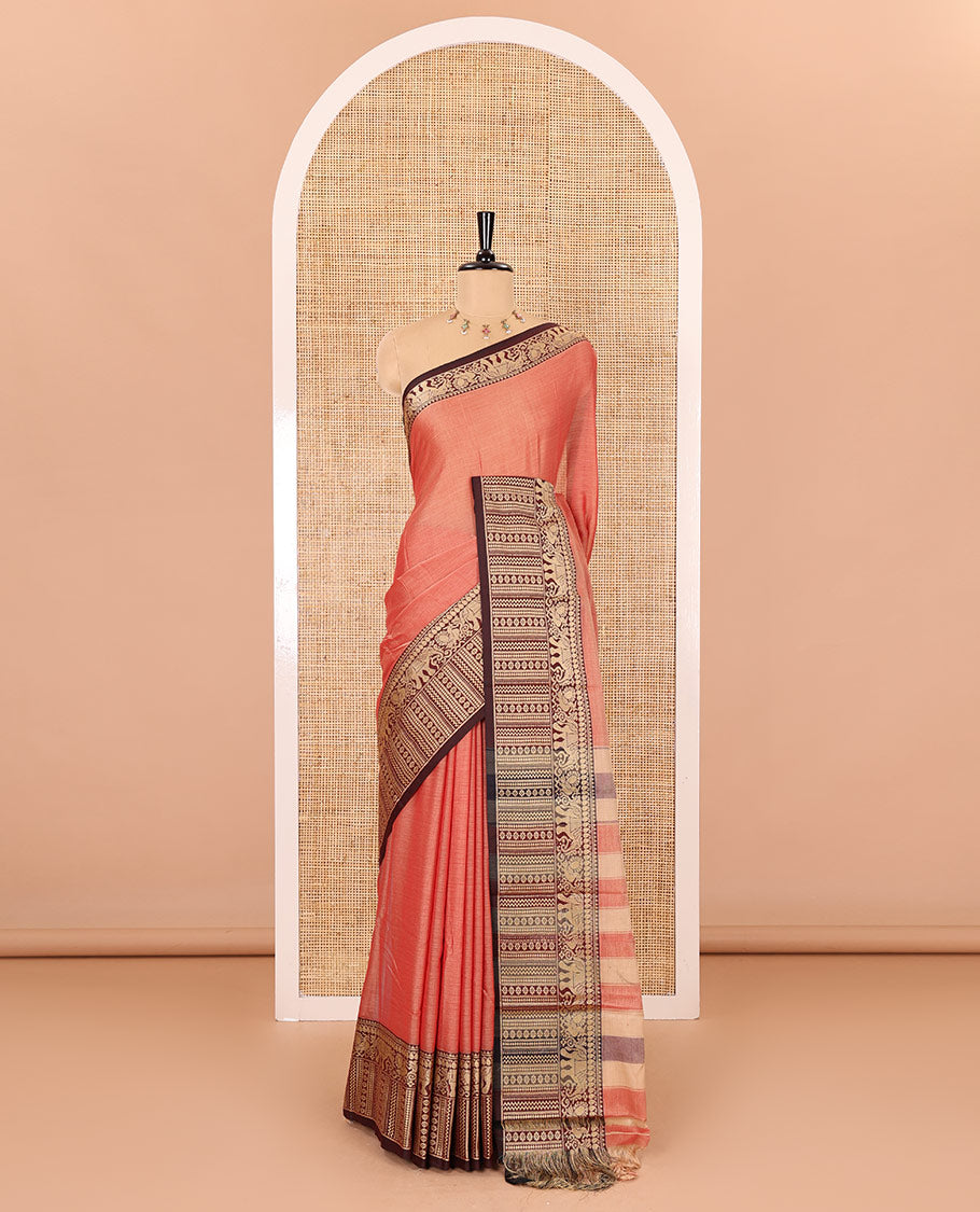 Pink plain mercerised cotton saree, contrast traditional motifs thread woven border, striped pallu, and a matching blouse