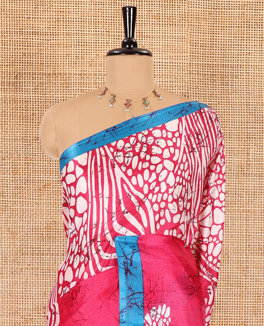 Rani pink batik printed art Khadi cotton saree, batik printed border, batik printed pallu, and a contrast batik printed blouse