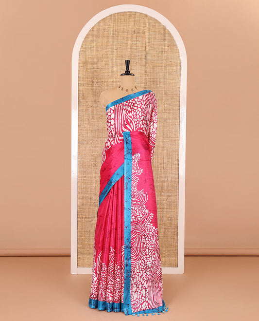 Rani pink batik printed art Khadi cotton saree, batik printed border, batik printed pallu, and a contrast batik printed blouse