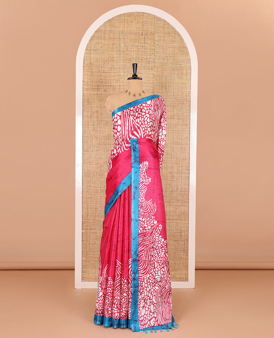 Rani pink batik printed art Khadi cotton saree, batik printed border, batik printed pallu, and a contrast batik printed blouse