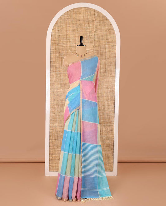 Blue multi-colored checked linen cotton saree, piping zari border, striped pallu, and multi-color printed blouse