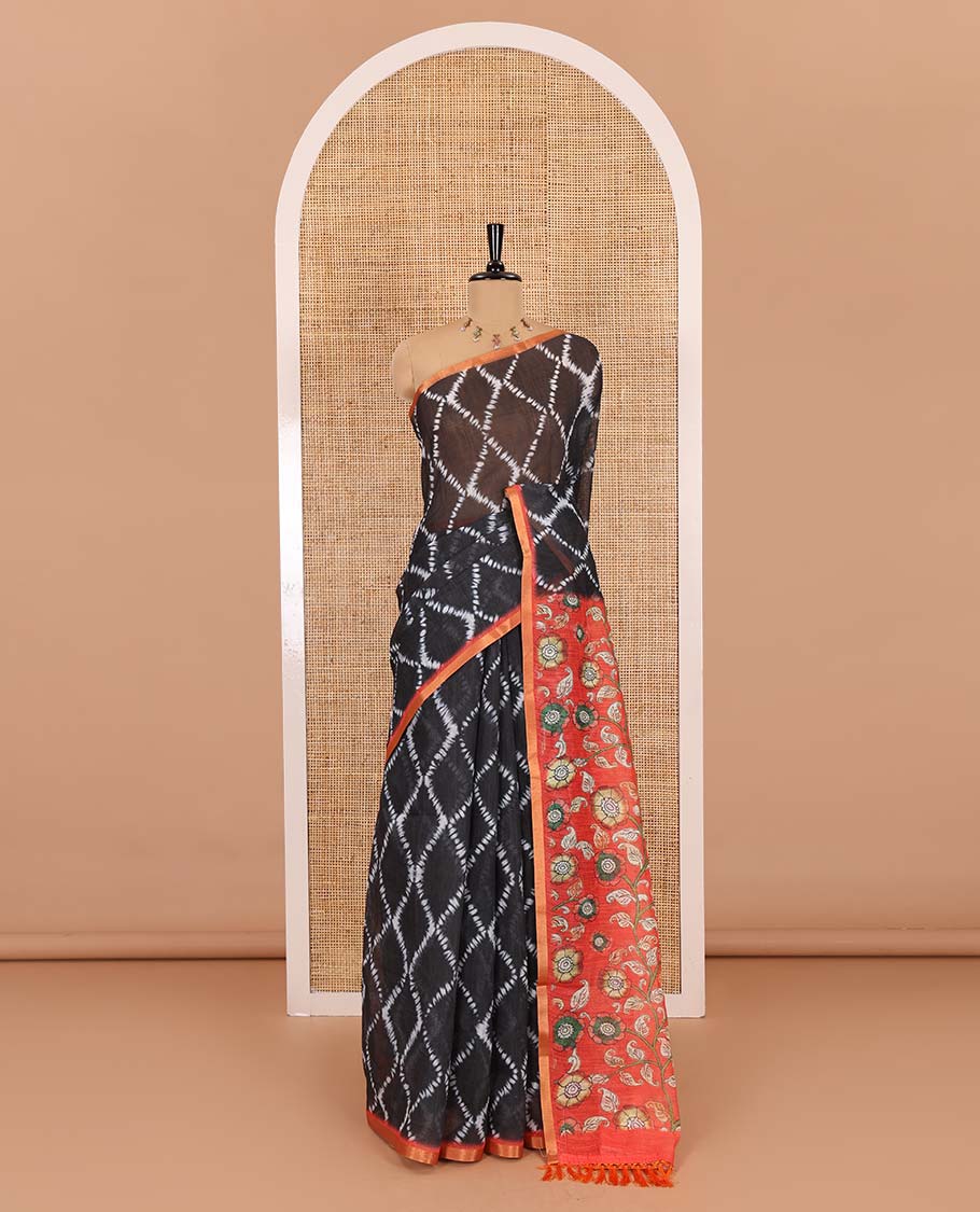 Black argyle shibori printed linen cotton saree, contrast border, kalamkari floral vine printed pallu, and a contrast kalamkari printed blouse
