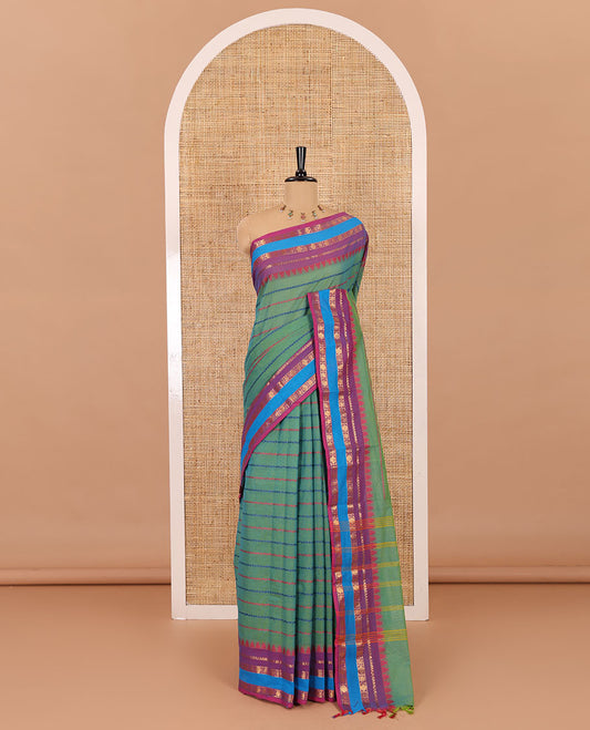 Green velthari design chettinad cotton saree , Contrast gold zari and thread weaving border , lining pallu