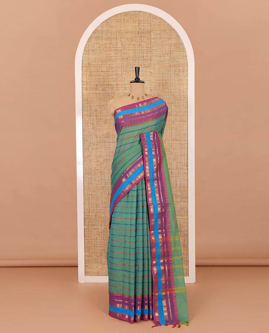 Green velthari design chettinad cotton saree , Contrast gold zari and thread weaving border , lining pallu