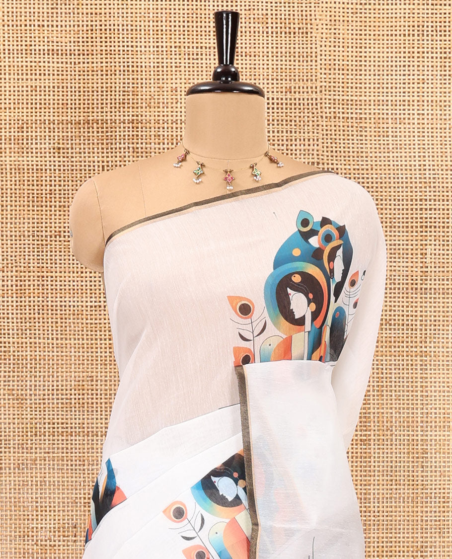 Borderless white modern art style Radha Krishna motifs printed chanderi cotton saree, big Radha Krishna motifs printed pallu and a contrast printed blouse