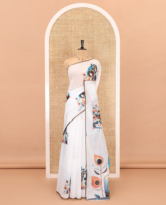 Borderless white modern art style Radha Krishna motifs printed chanderi cotton saree, big Radha Krishna motifs printed pallu and a contrast printed blouse