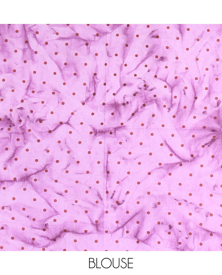 Pink lotus printed soft cotton saree, piping border, printed pallu, and a shibori printed blouse of polka dots