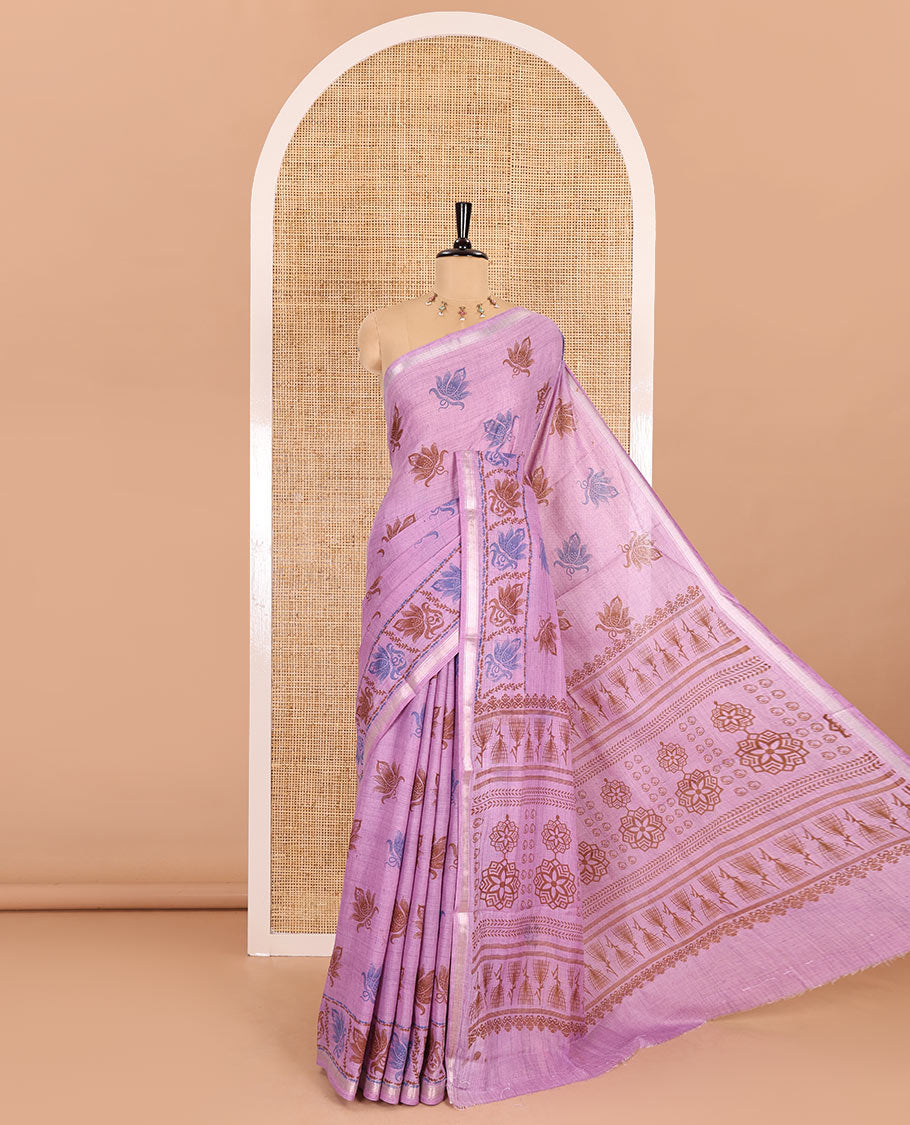 Pink lotus printed soft cotton saree, piping border, printed pallu, and a shibori printed blouse of polka dots