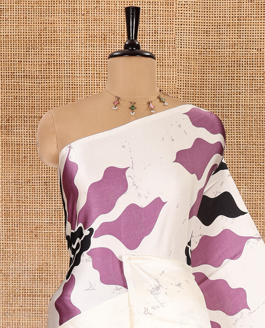 Borderless half-white-lavender batik-style abstract floral printed gajji silk saree, batik abstract printed pallu, and a batik printed blouse