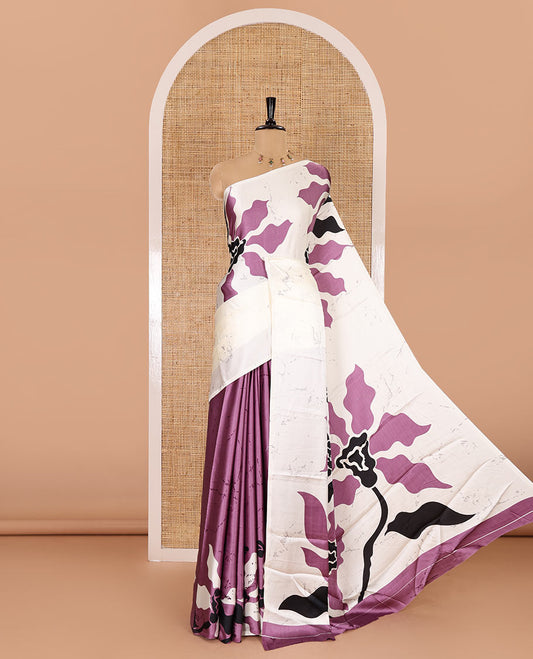 Borderless half-white-lavender batik-style abstract floral printed gajji silk saree, batik abstract printed pallu, and a batik printed blouse