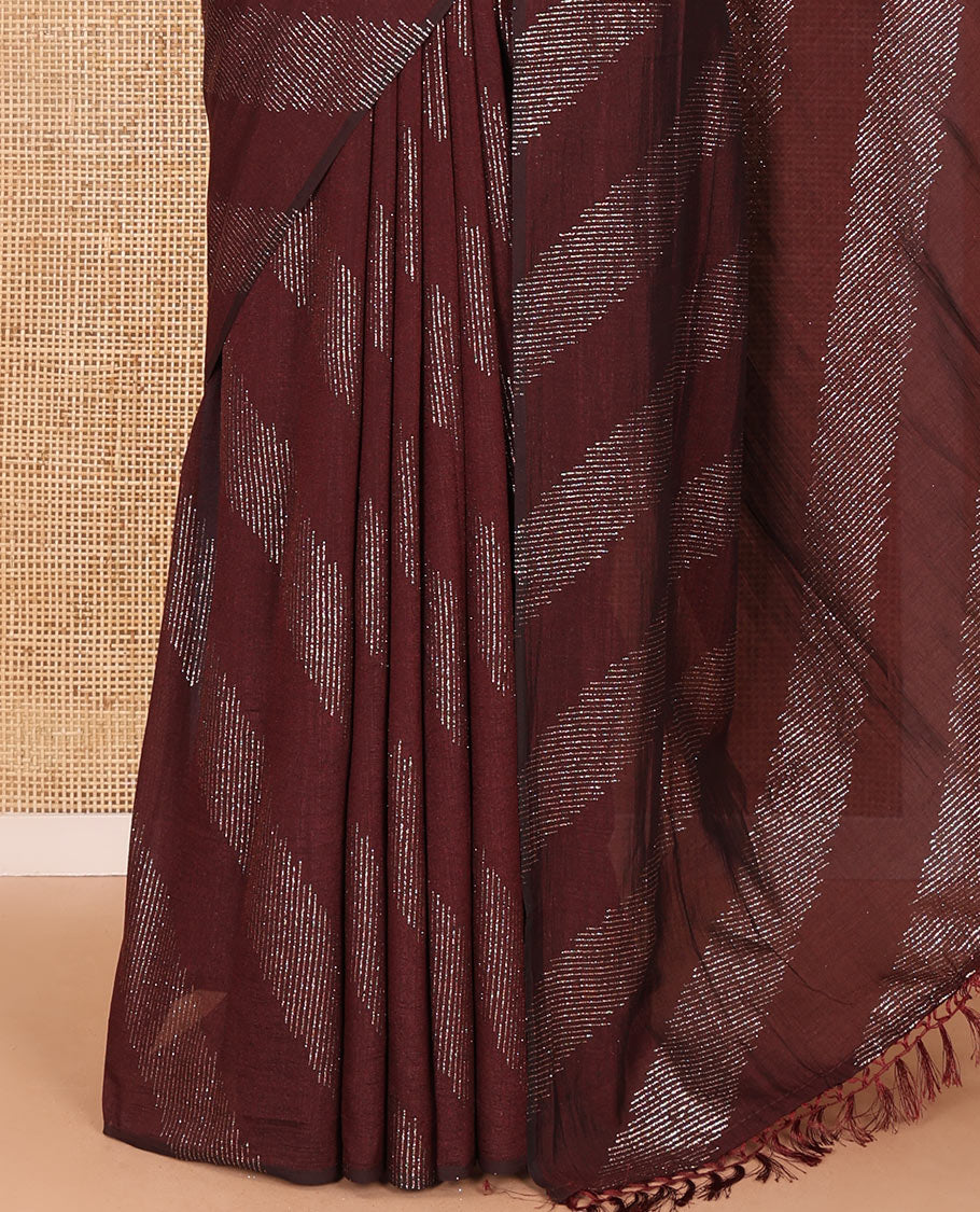 Borderless purple leheriya-striped foil-printed Vichitra silk saree with a self pallu and no blouse